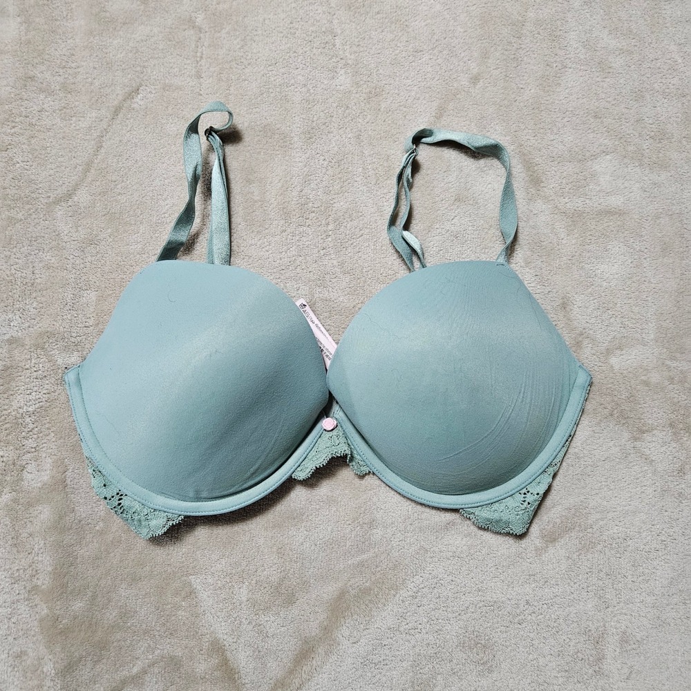 Victoria's Secret Sage Green‎ Lace Push-Up Bra 34DD Microfiber Floral Trim